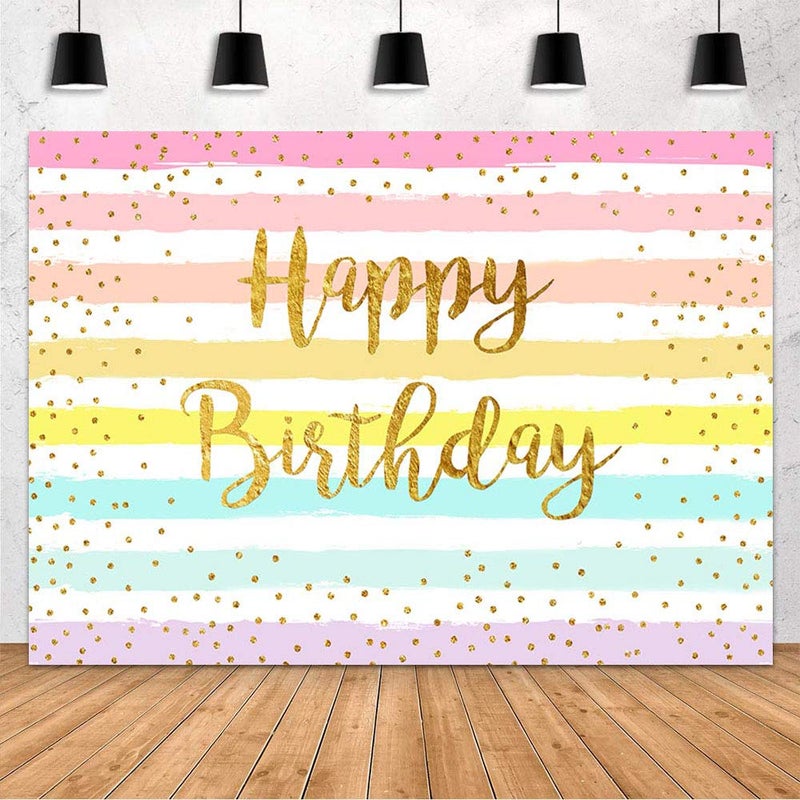 MEHOFOND Rainbow Stripes Happy Birthday Backdrop Party Decoration for Childs Adults Colorful Golden Dot Birthday Photography Background Supplies Banner of Cake Table Studio Photo Props 7x5ft - Image 1